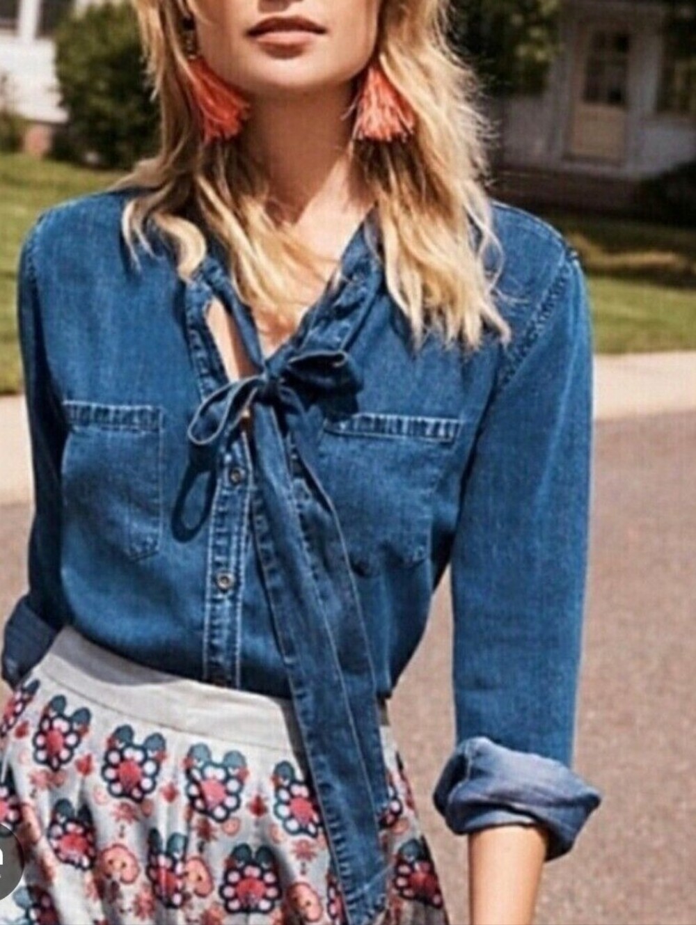 Rails Anthropology Rosalee Denim-look Chambray Button Up Tie Front Shirt XS